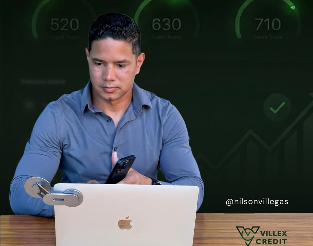 Nilson Villegas, consultor de crédito de Villex Credit, revisando finanzas en su computador